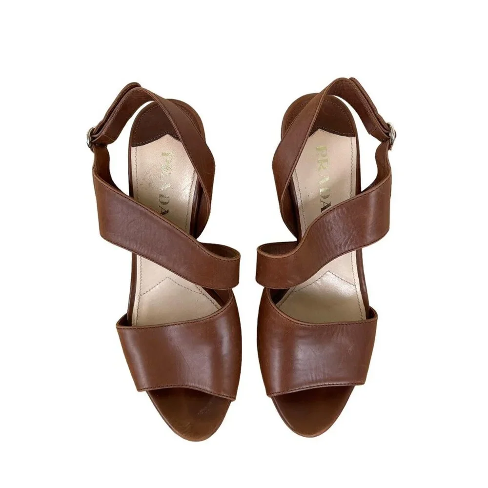 Prada Brown Leather Platform Wedge Sandals Open Toe Slingback Size 37